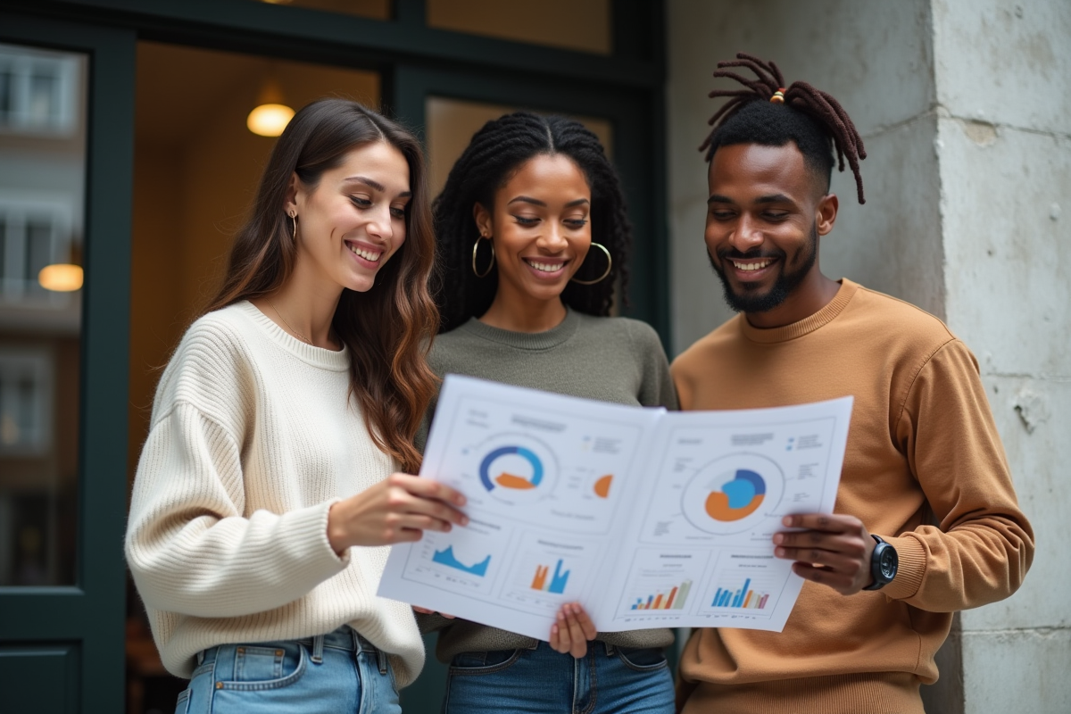 Groupe de jeunes adultes discutant autour de graphiques dans un espace de coworking