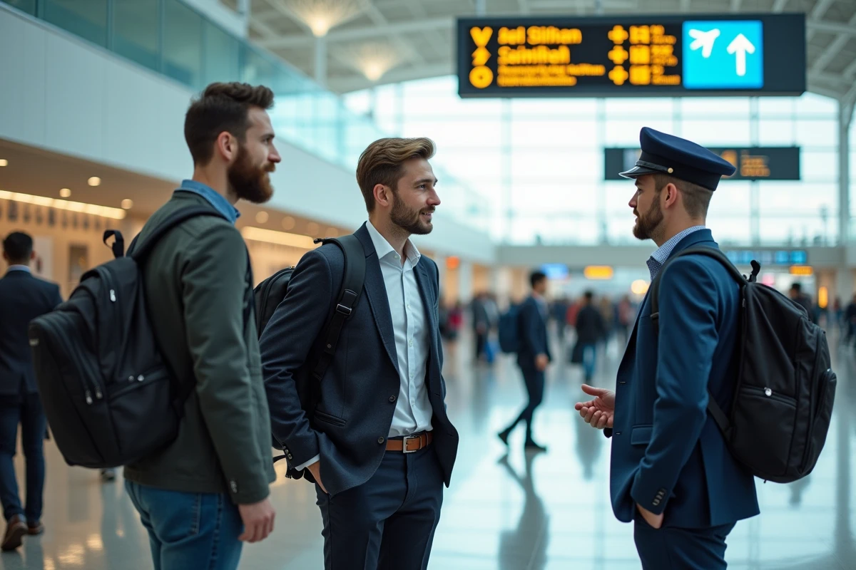 Groupe de voyageurs écoute guide dans un aéroport animé