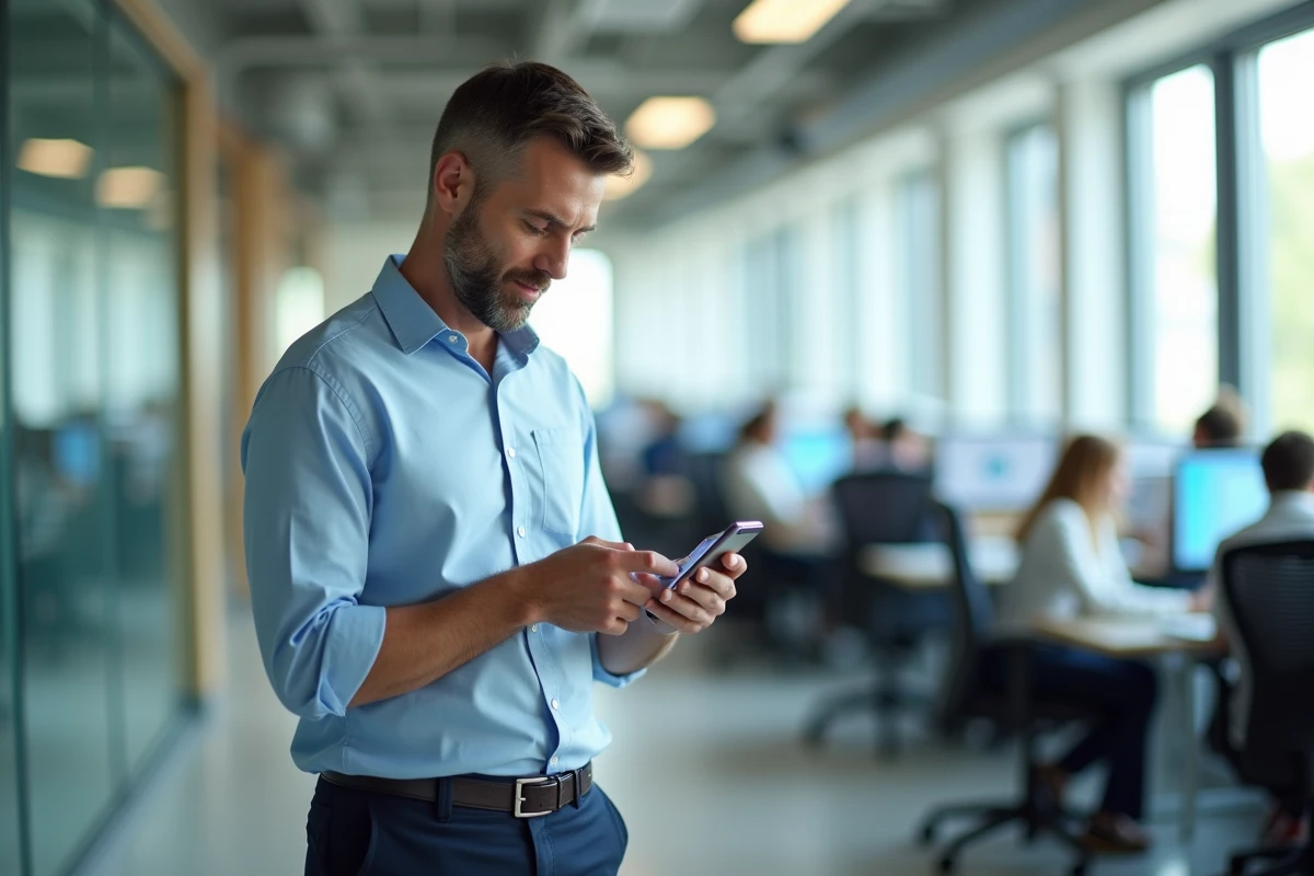 Homme consultant l'application e-service UHA sur son smartphone dans un environnement de bureau professionnel
