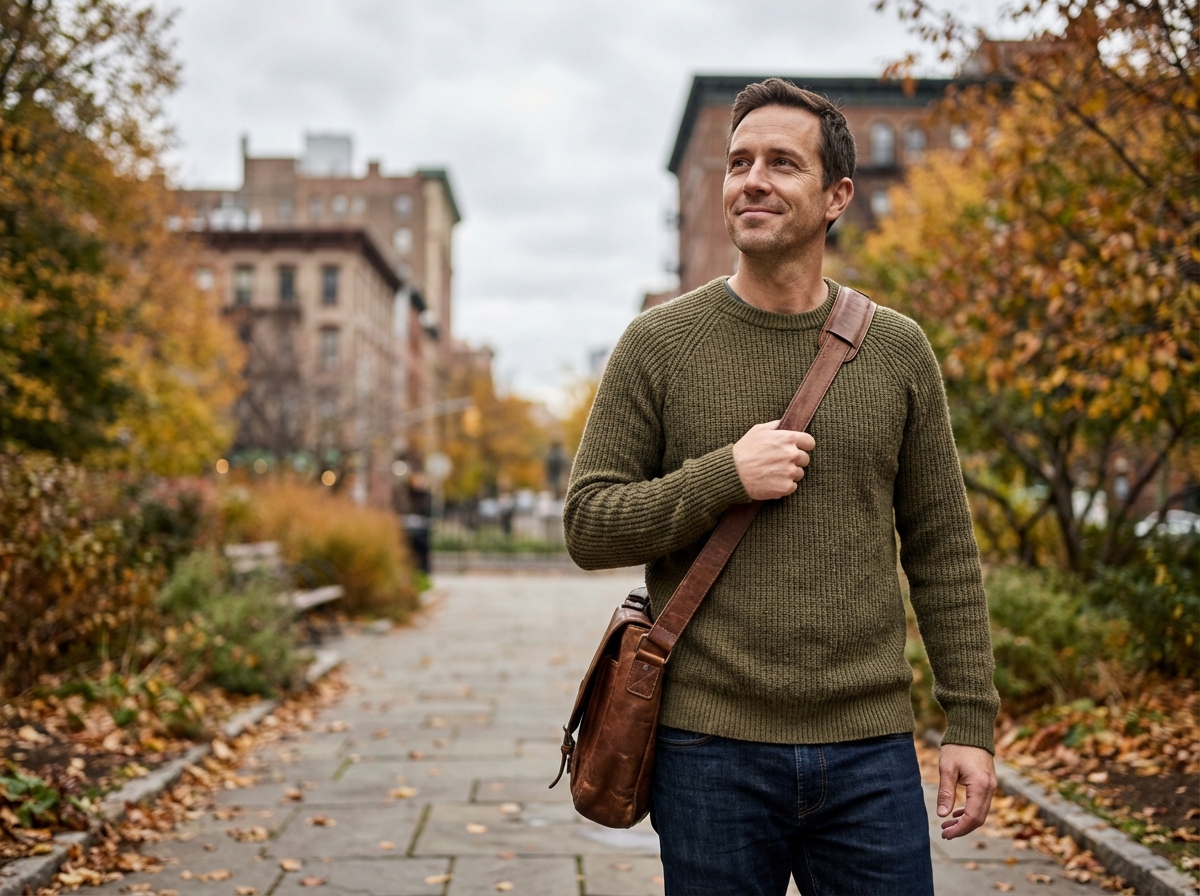 Homme dans un parc urbain en automne avec son sac à dos et son ordinateur