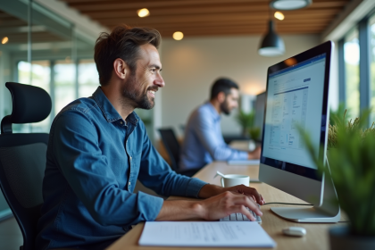Homme d'âge moyen travaillant sur un ordinateur dans un bureau moderne