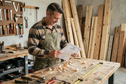 Homme d'une quarantaine d'années consultant son certificat de formation bricolage dans un atelier de menuiserie amateur