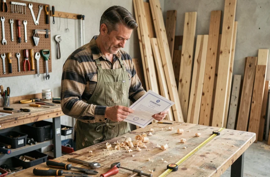 Homme d'une quarantaine d'années consultant son certificat de formation bricolage dans un atelier de menuiserie amateur