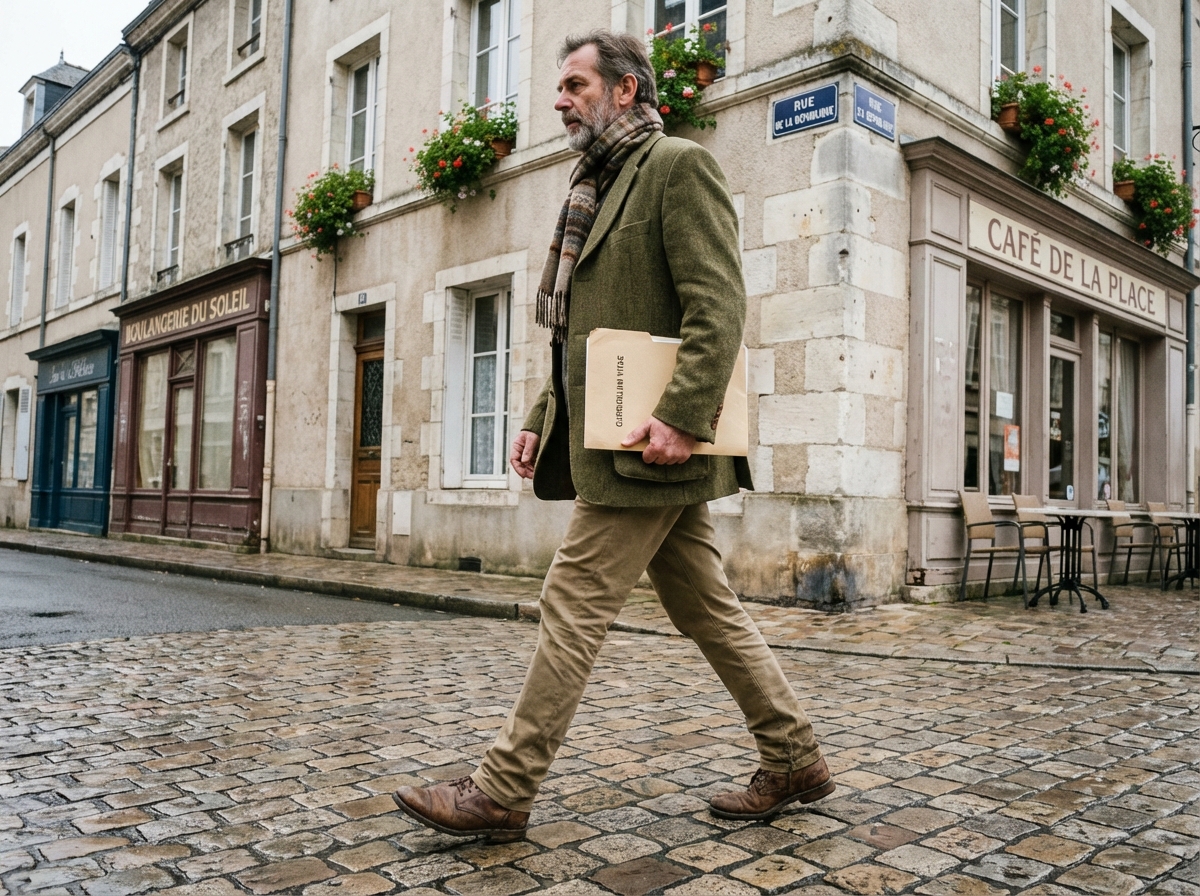 Homme marchant avec dossier sur rue pavée en province