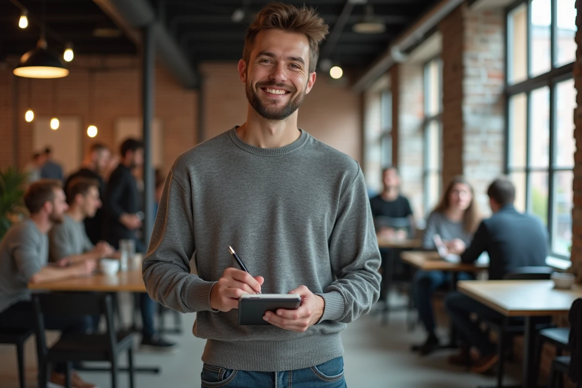 Jeune homme prenant des notes dans un café coworking