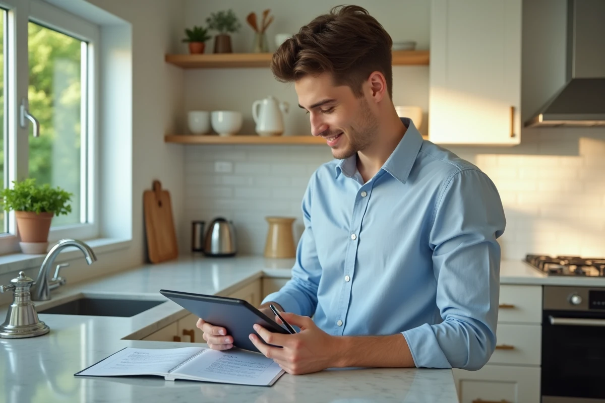 Jeune homme vérifiant une tâche sur une tablette dans la cuisine