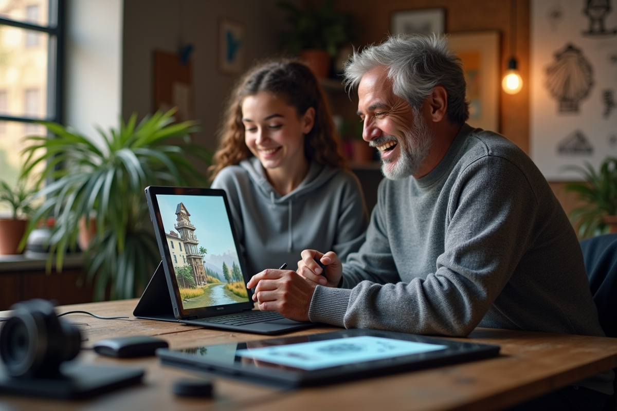 Homme montrant un dessin animé sur une tablette à une adolescente