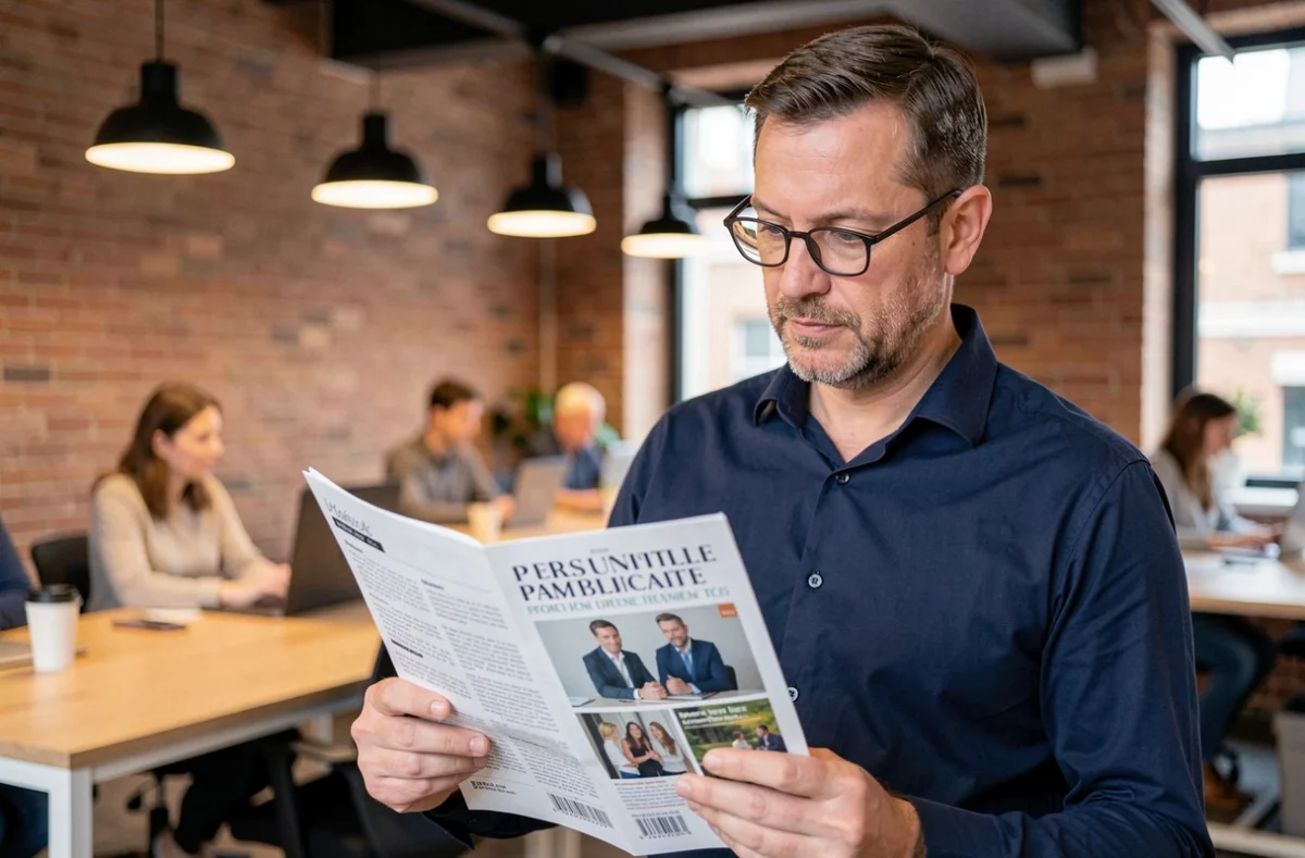 Homme lisant un prospectus promotionnel d'un magazine professionnel dans un espace de coworking moderne