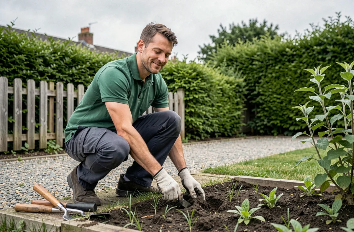 Homme jardinier paysagiste au travail, métier sans diplôme accessible selon son profil et caractère
