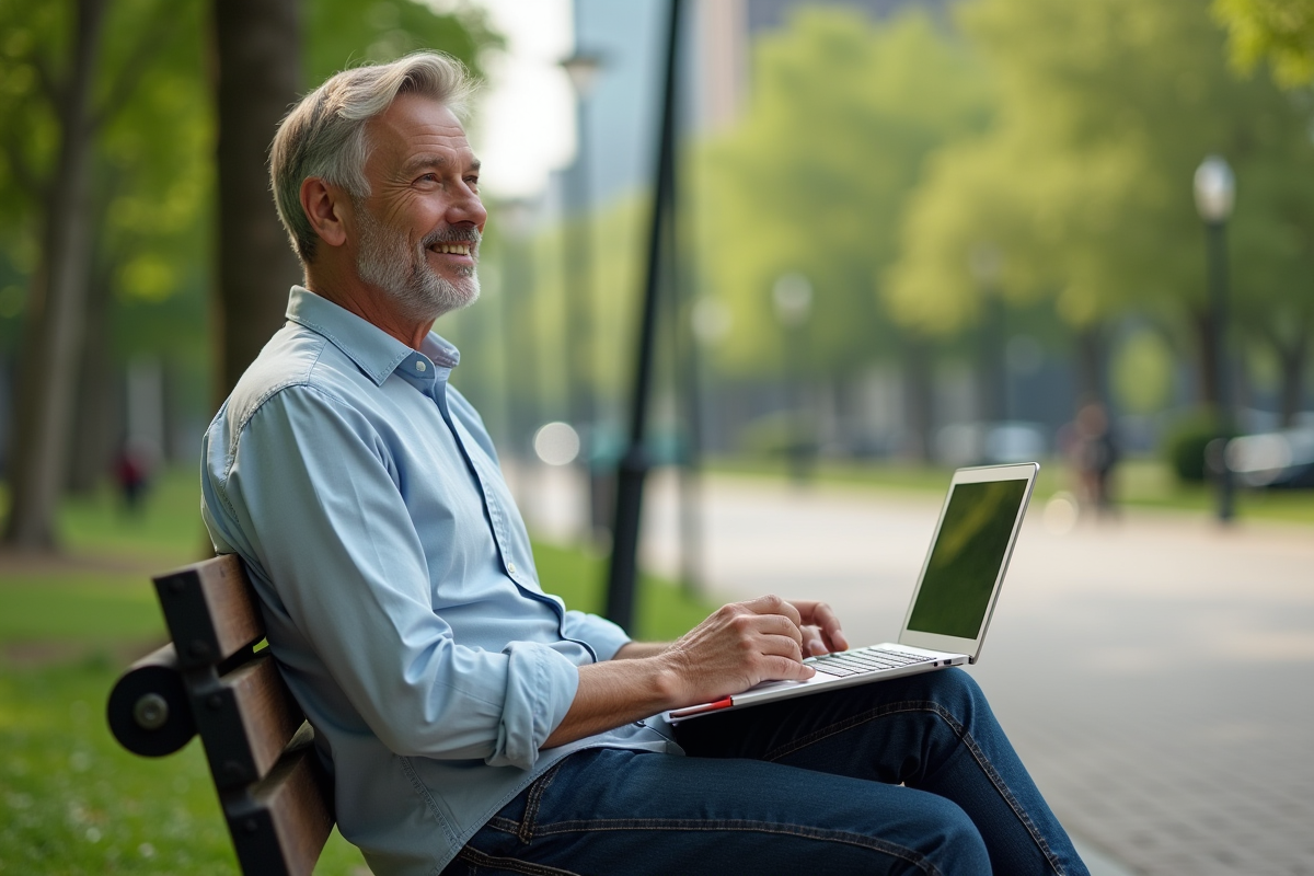 Homme d age moyen travaillant en extérieur dans un parc urbain