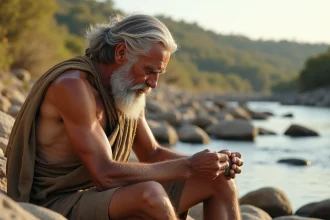 Homme primitif façonnant un outil en pierre au bord de la rivière