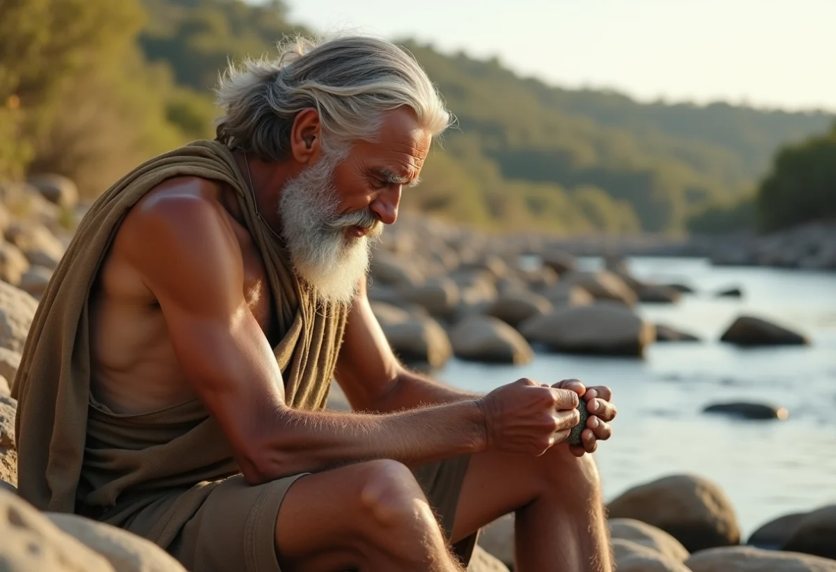 Homme primitif façonnant un outil en pierre au bord de la rivière