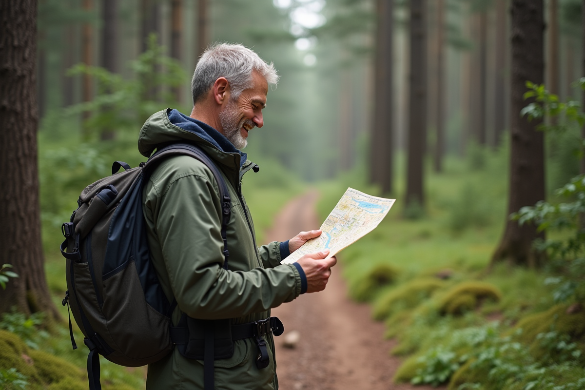 Homme en plein air regardant une carte en forêt