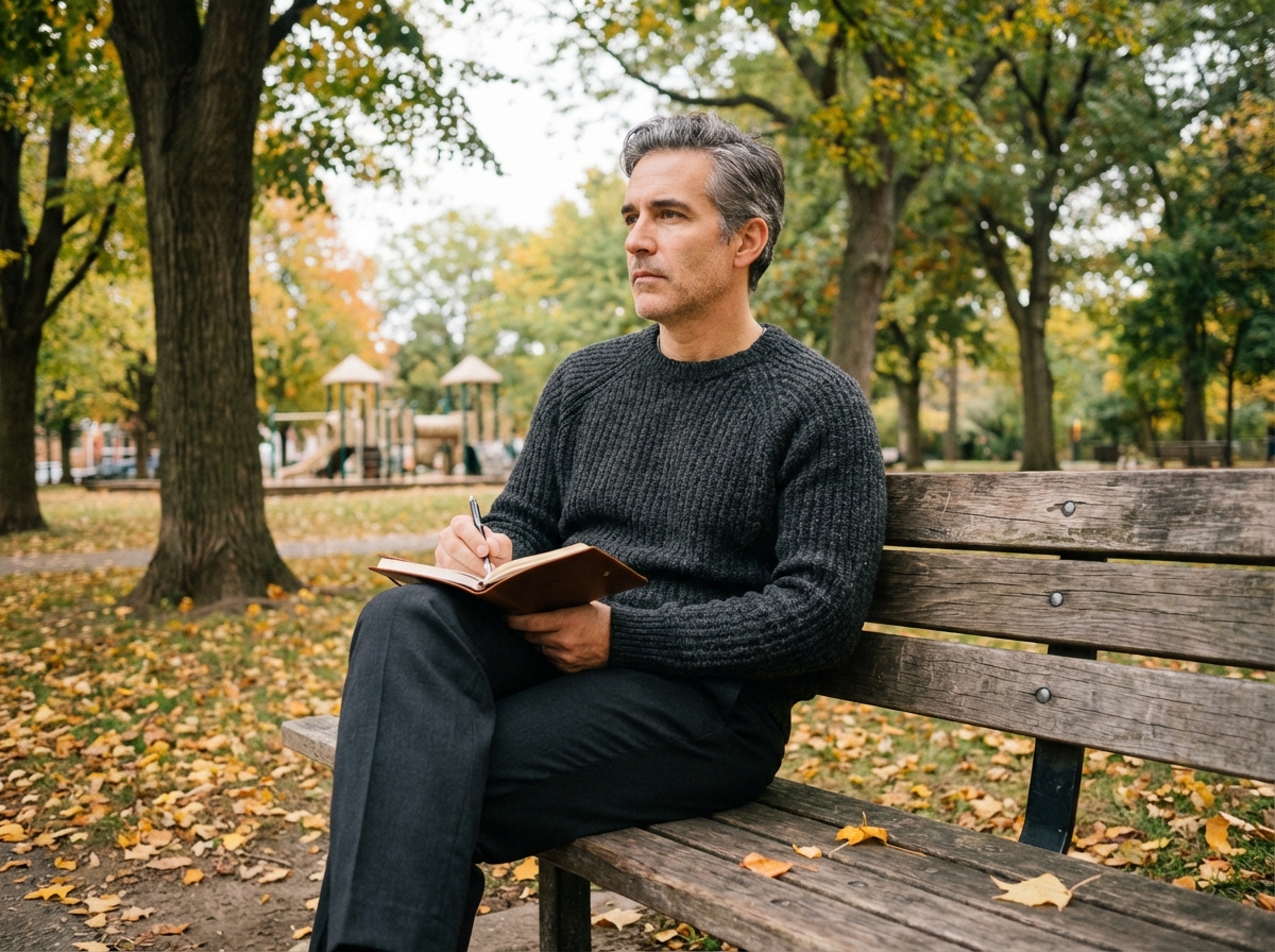Homme pensif assis sur un banc dans un parc en automne