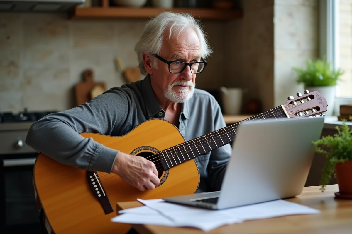 Homme senior avec lunettes apprenant des accords de guitare sur ordinateur portable dans une cuisine, cours de guitare en ligne pour personnes âgées