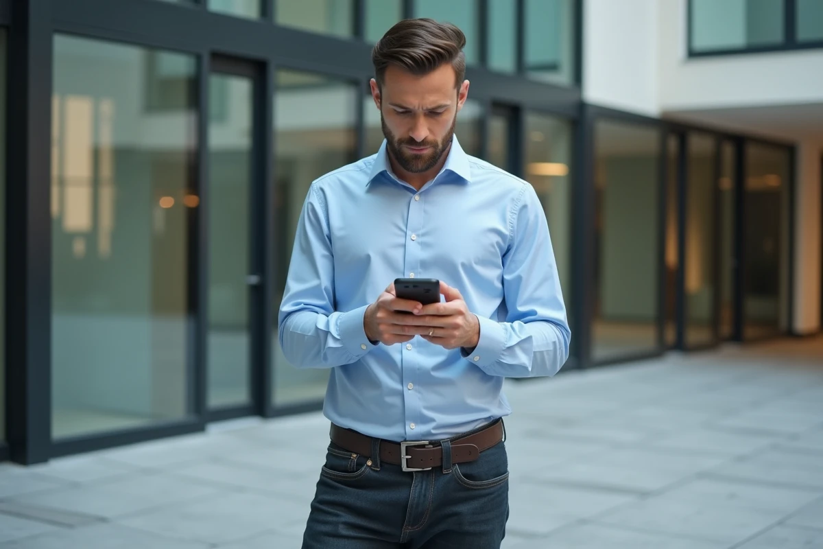 Jeune homme regardant son smartphone devant un bâtiment