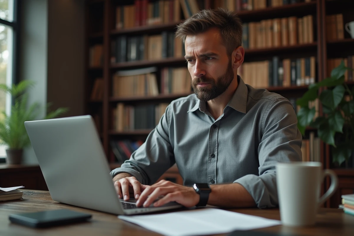 Homme en télétravail rédigeant une lettre de recommandation professionnelle sur ordinateur