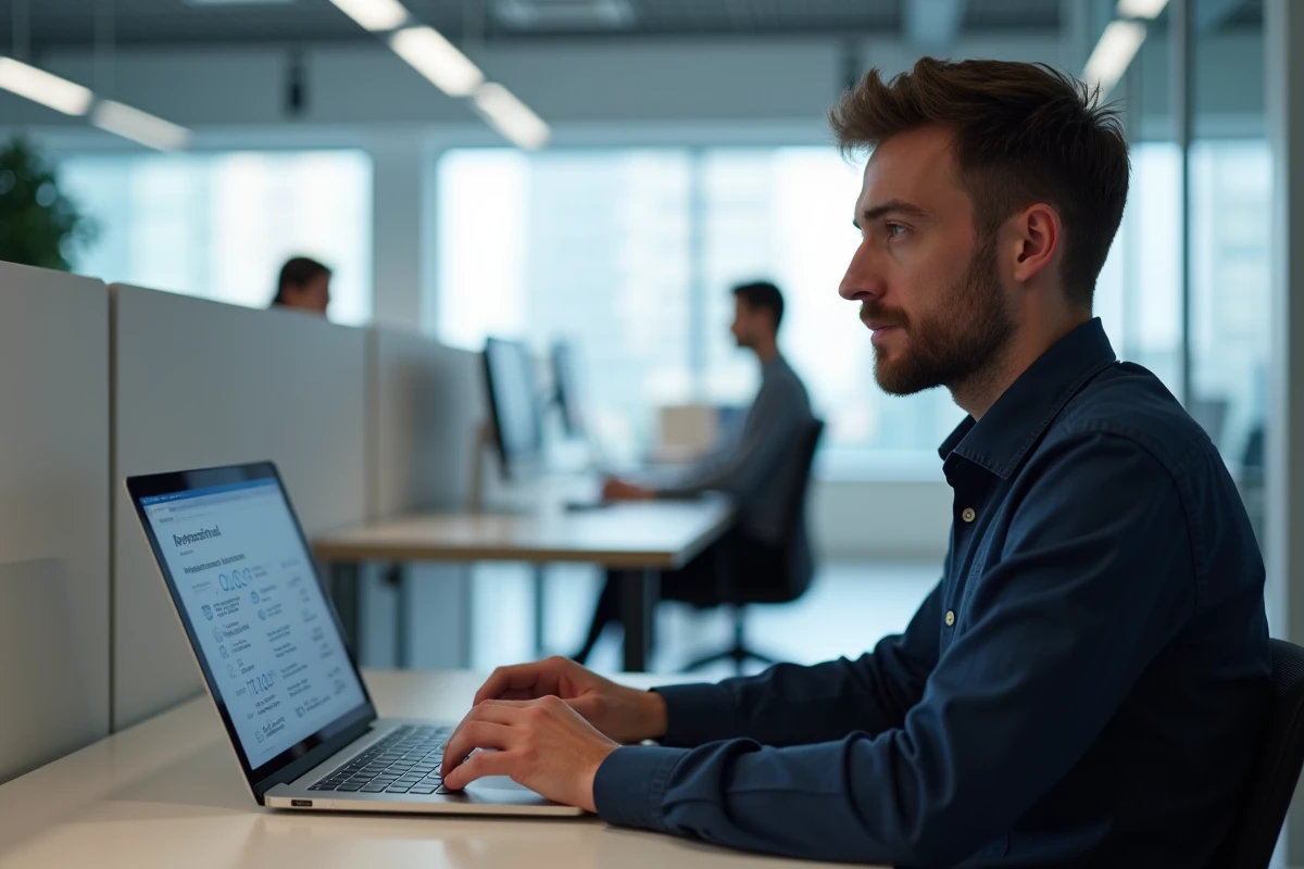 Homme en chemise bleue passant un test de QI en ligne sur ordinateur portable au bureau