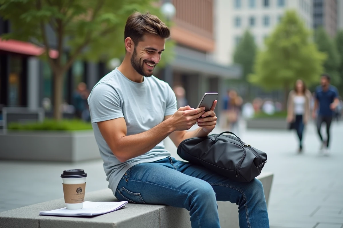 Homme relaxe avec smartphone dans une place urbaine