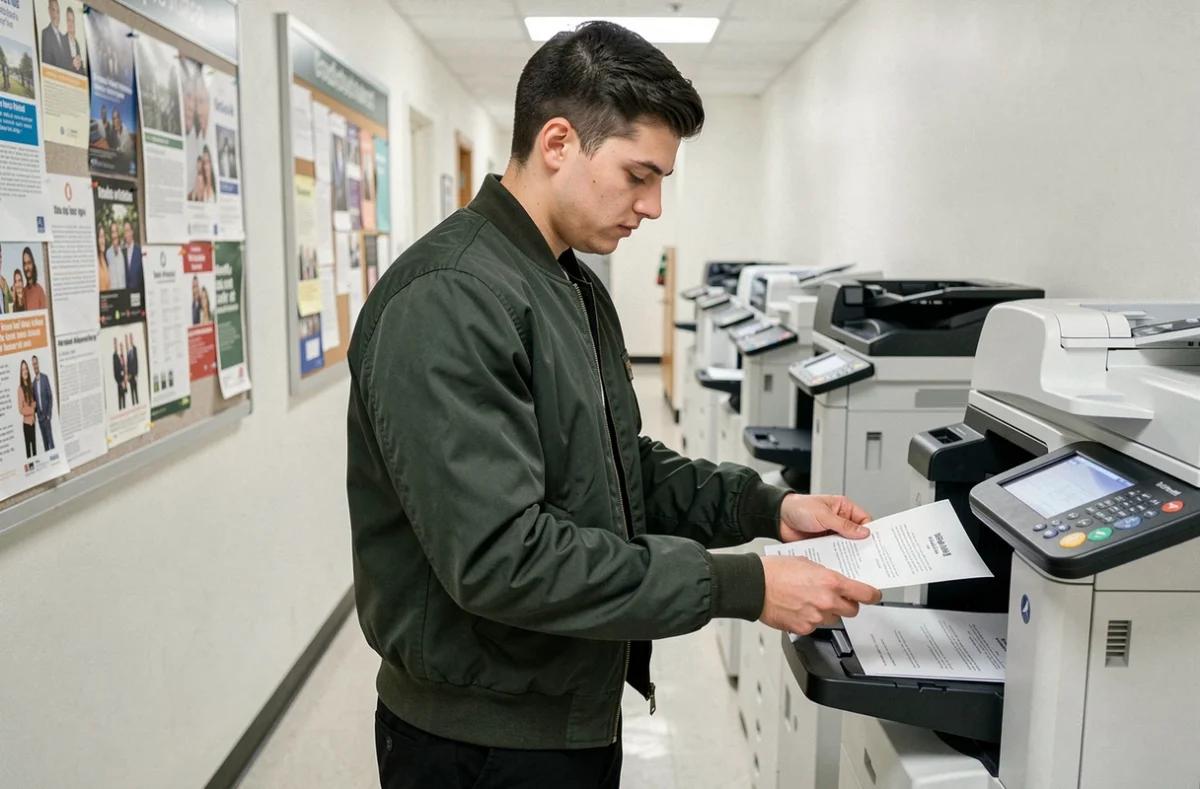 Étudiant utilisant une imprimante en libre-service dans un bâtiment universitaire financé par la CVEC