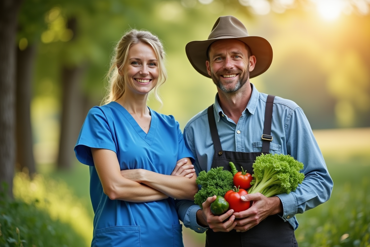 Infirmiere en blouse bleue et fermier avec legumes en plein air