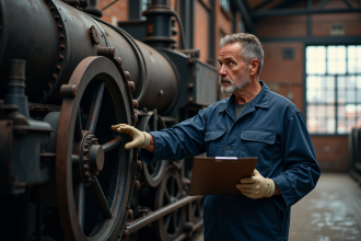 Ingénieur inspectant un vieux moteur à vapeur dans une usine ancienne