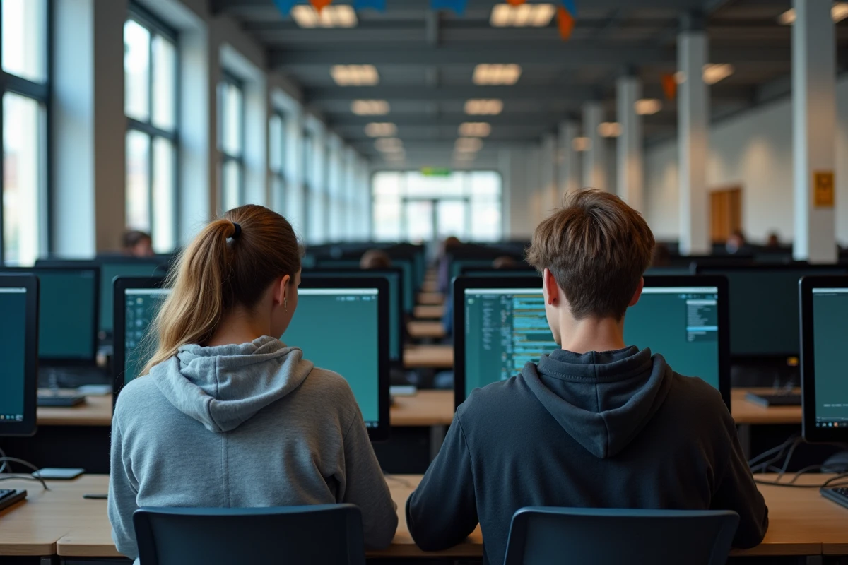 Deux étudiants de l'INSA Lyon devant des postes informatiques en salle de TP dans un cursus ingénieur post-bac cinq ans