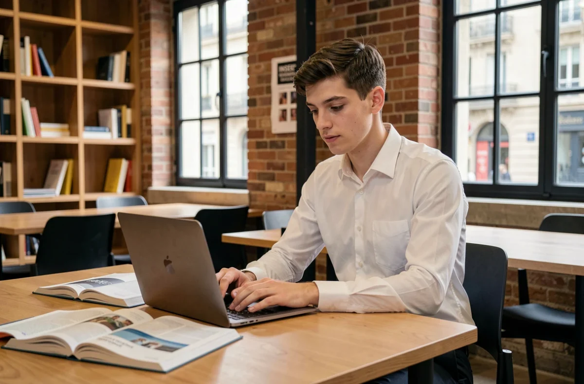 Étudiant travaillant sur son ordinateur dans l'espace collaboratif de l'INSEEC Grande École Bordeaux