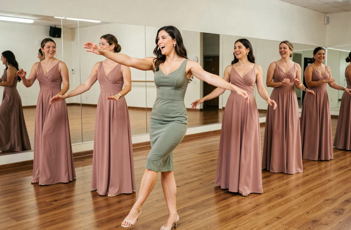 Instructrice de danse montrant une chorégraphie facile à des demoiselles d'honneur dans un studio avec miroirs