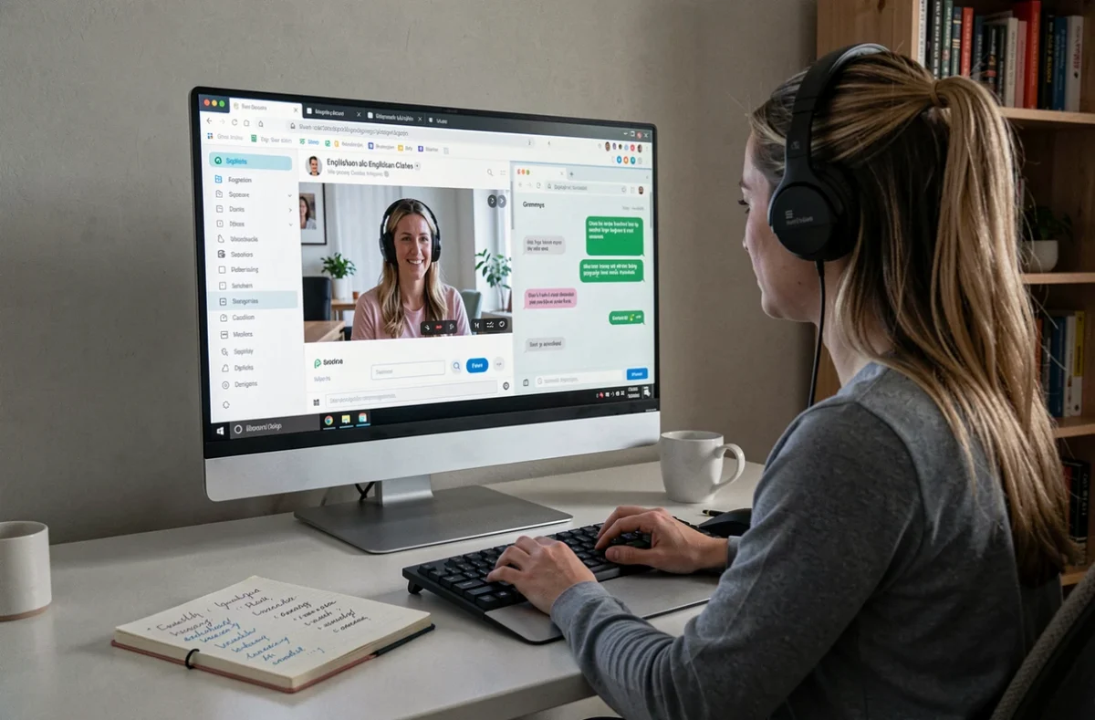 Femme adulte suivant une formation d'anglais entièrement en ligne avec un tuteur en visioconférence depuis son bureau à domicile