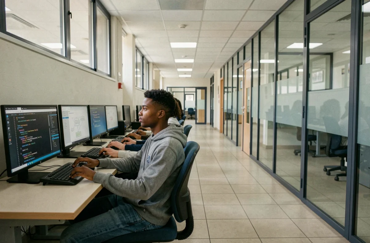 Salle informatique de l'IUT d'Évry site Les Passages avec des étudiants travaillant sur des ordinateurs