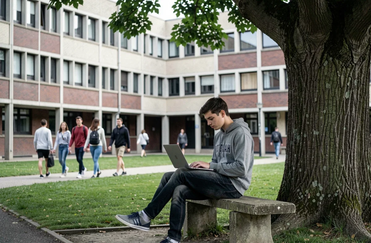 Étudiant en informatique assis devant les bâtiments de l'IUT d'Orsay de l'Université Paris-Sud