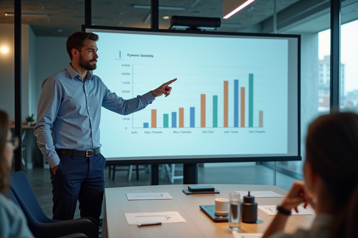 Jeune analyste pointant un graphique en réunion