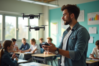 Jeune homme en classe moderne avec drone et posters éducatifs