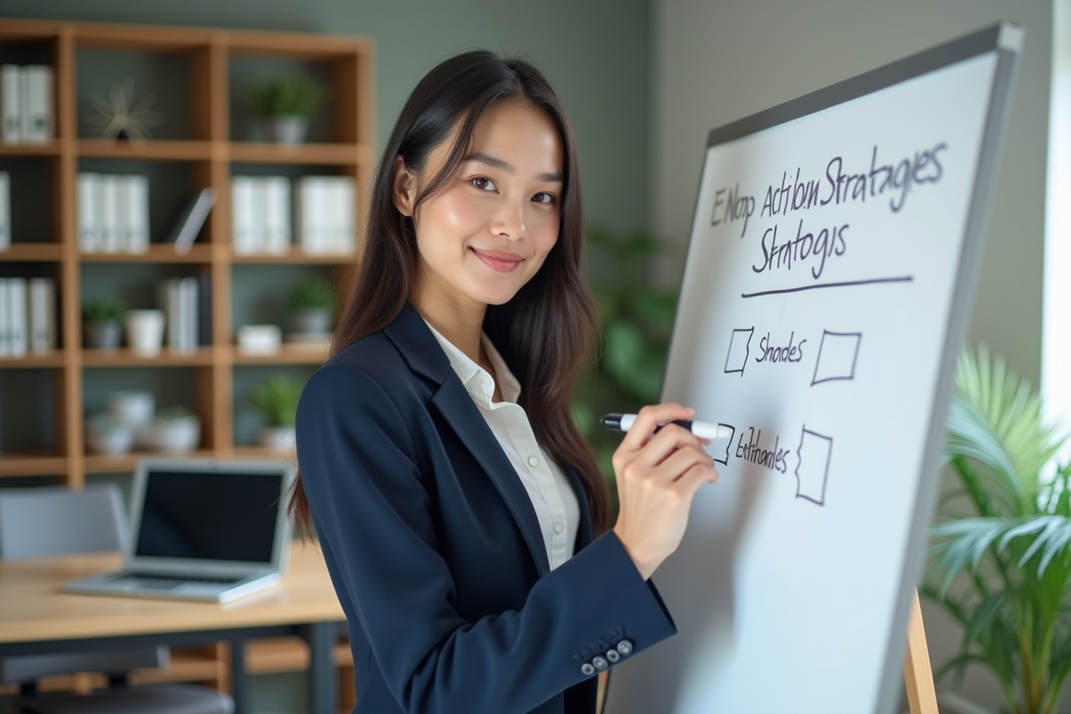 Jeune entrepreneure écrivant des stratégies dans un bureau