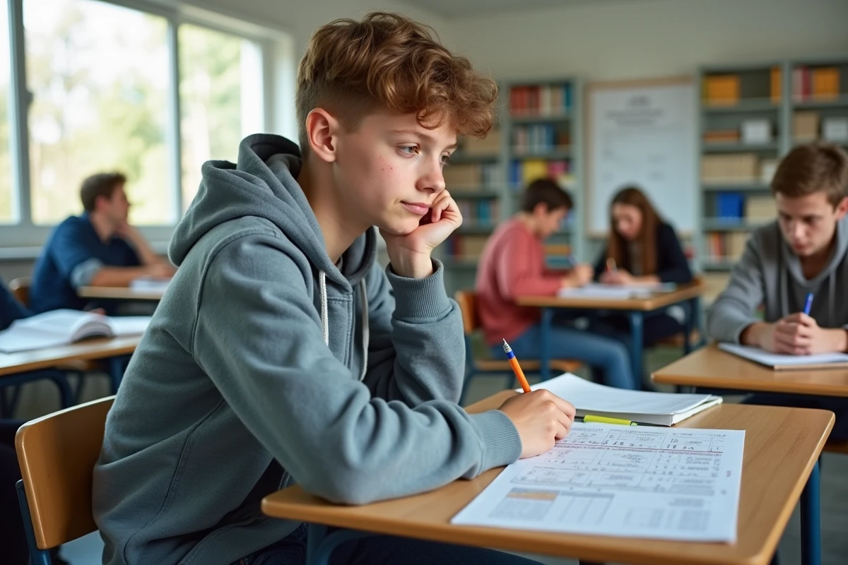 Jeune garçon concentré à son bureau avec livres et feuilles