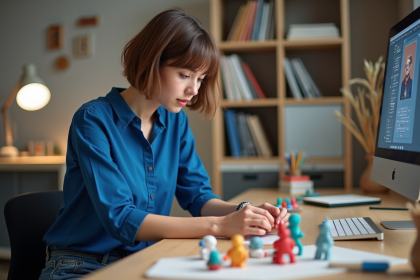 Jeune femme en studio arrangeant figurines stopmotion colorées