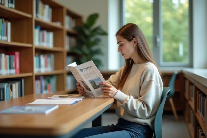 Jeune femme lisant une brochure dans une bibliothèque moderne