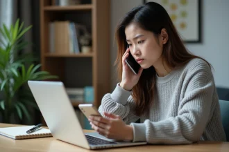 Jeune femme assise à son bureau avec téléphone et ordinateur