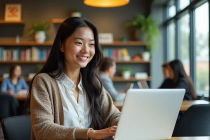 Jeune femme souriante travaillant sur son ordinateur dans un espace universitaire
