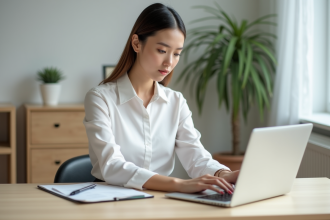Jeune femme professionnelle assise à un bureau moderne en pleine réflexion