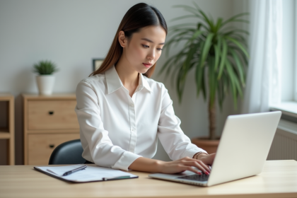 Jeune femme professionnelle assise à un bureau moderne en pleine réflexion