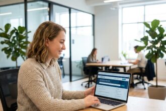 Jeune femme souriante au bureau utilisant un ordinateur portable