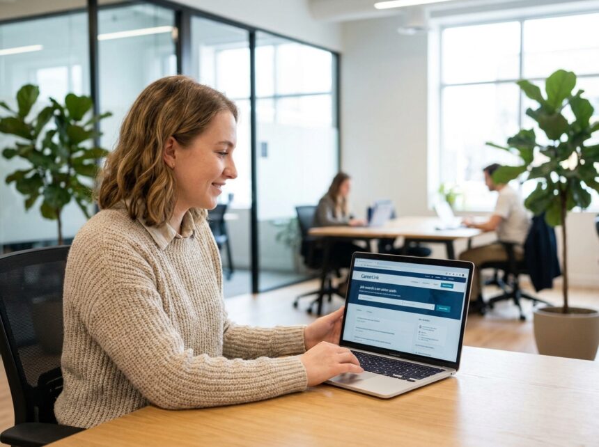 Jeune femme souriante au bureau utilisant un ordinateur portable