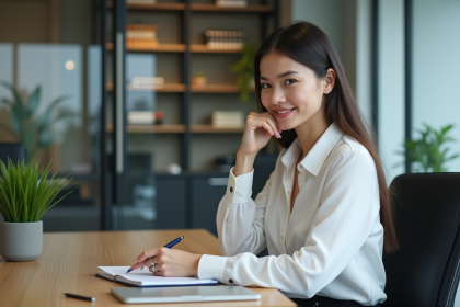 Jeune femme professionnelle travaillant au bureau avec un sourire réfléchi