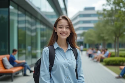 Jeune femme debout dans un campus universitaire moderne