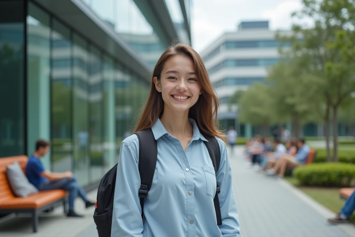 Jeune femme debout dans un campus universitaire moderne