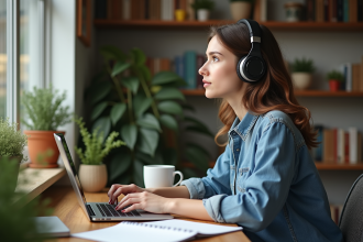 Jeune femme en denim avec casque dans un espace de travail créatif