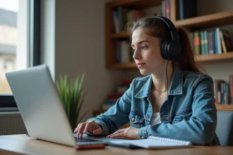 Jeune femme avec casque et ordinateur portable en étude