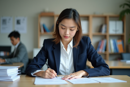 Jeune femme en blouse blanche et veste navy prépare ses documents universitaires